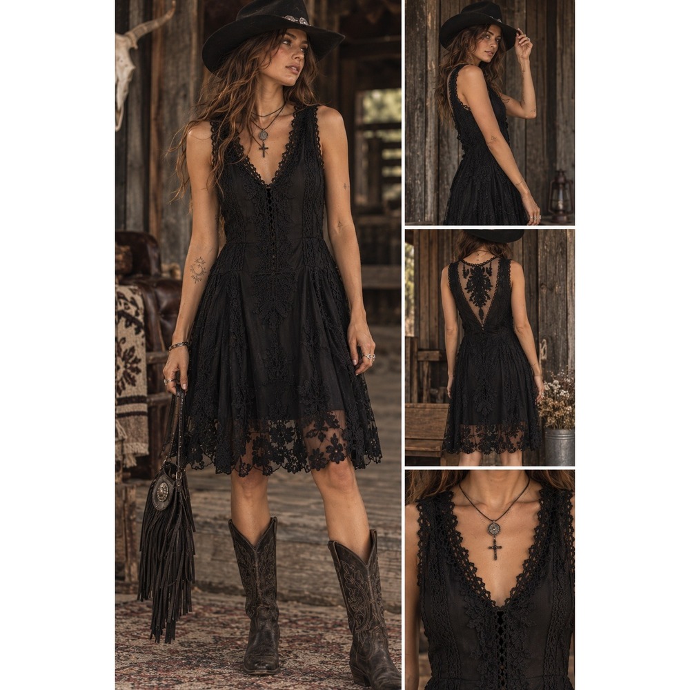 Shyanne Lace Dress Women Large Black Sleeveless Boho Western Whimsigoth Festival